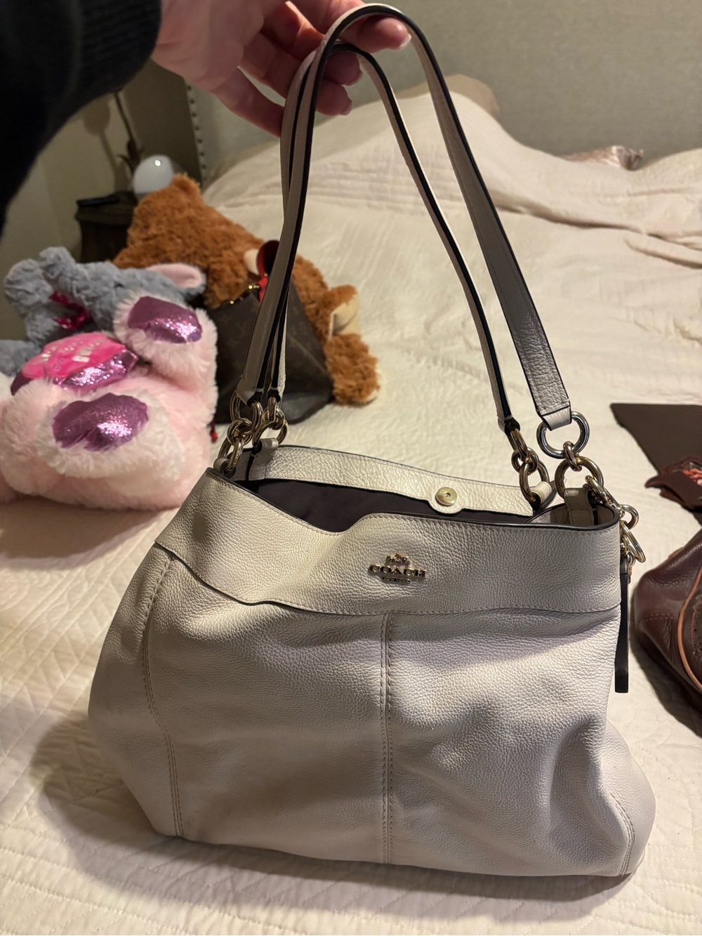 Coach Pebbled Leather Shoulder Bag in Light Gray and Black Trim